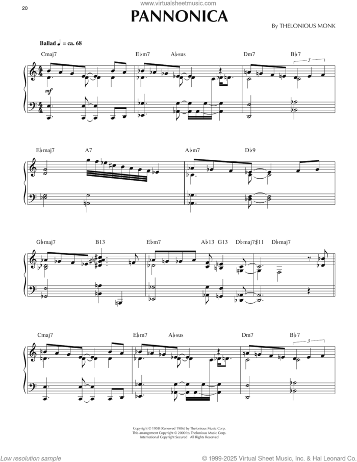 Pannonica (arr. Ronnie Mathews) sheet music for piano solo by Thelonious Monk and Ronnie Mathews, intermediate skill level