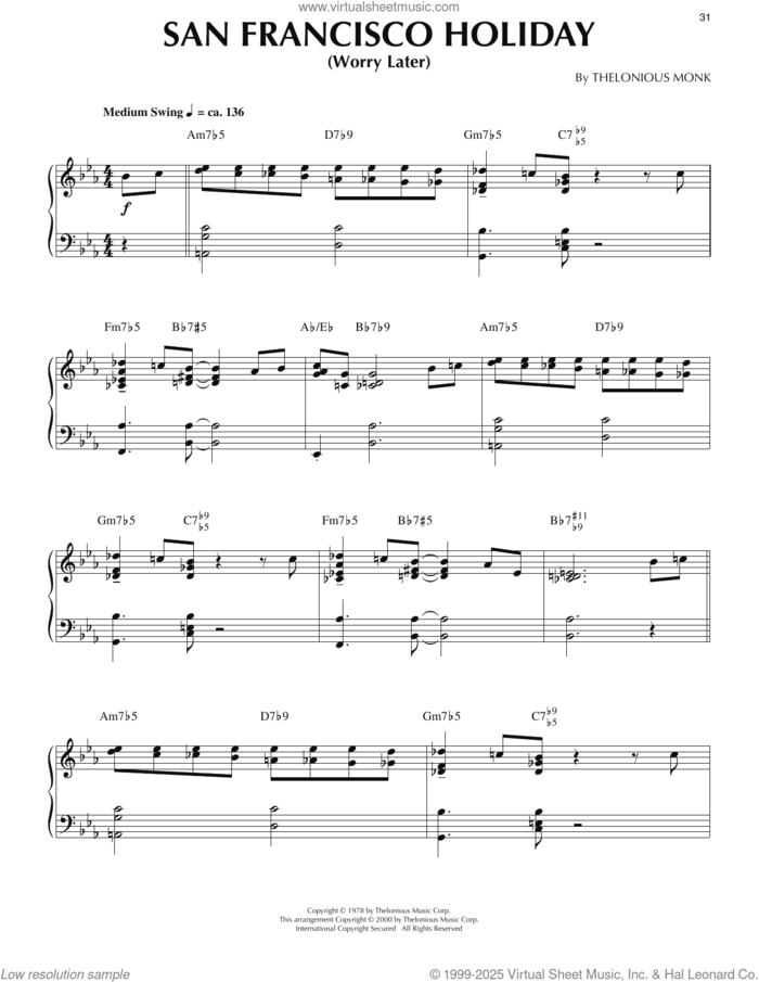 San Francisco Holiday (Worry Later) (arr. Ronnie Mathews) sheet music for piano solo by Thelonious Monk and Ronnie Mathews, intermediate skill level