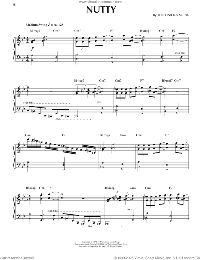 Nutty (arr. Ronnie Mathews) sheet music for piano solo by Thelonious Monk and Ronnie Mathews, intermediate skill level