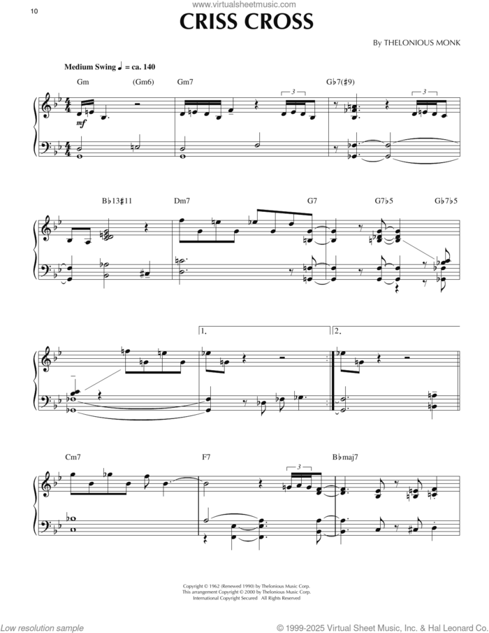 Criss Cross (arr. Ronnie Mathews) sheet music for piano solo by Thelonious Monk and Ronnie Mathews, intermediate skill level
