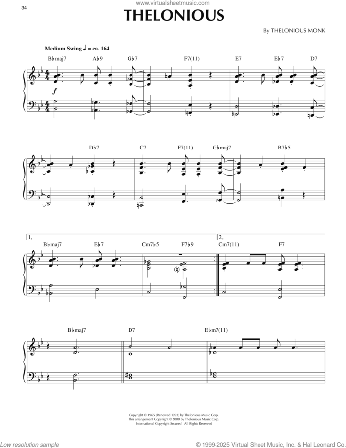 Thelonious (arr. Ronnie Mathews) sheet music for piano solo by Thelonious Monk and Ronnie Mathews, intermediate skill level
