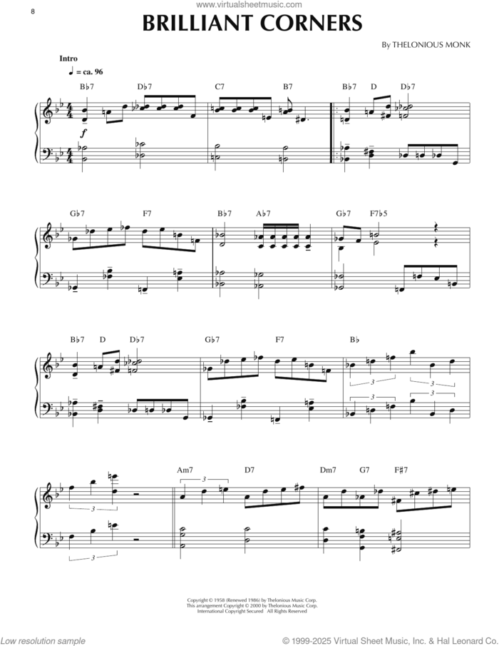 Brilliant Corners (arr. Ronnie Mathews) sheet music for piano solo by Thelonious Monk and Ronnie Mathews, intermediate skill level