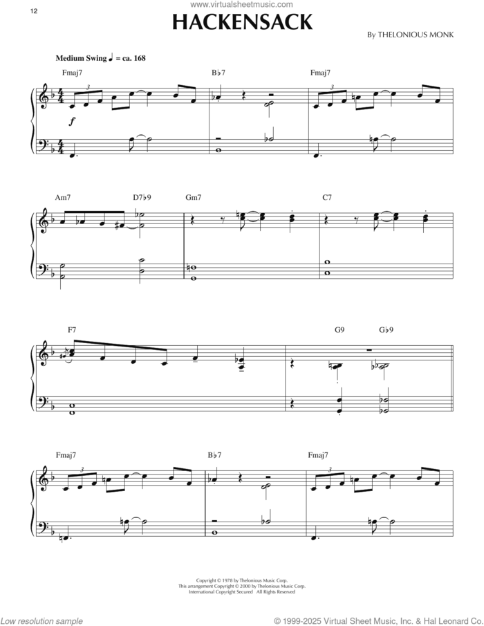 Hackensack (arr. Ronnie Mathews) sheet music for piano solo by Thelonious Monk and Ronnie Mathews, intermediate skill level