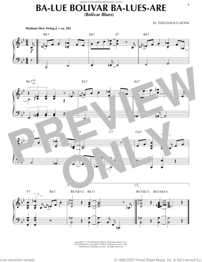 Ba-Lue Bolivar Ba-Lues-Are (Bolivar Blues) (arr. Ronnie Mathews) sheet music for piano solo by Thelonious Monk and Ronnie Mathews, intermediate skill level