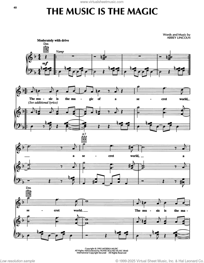 The Music Is The Magic sheet music for voice, piano or guitar by Abbey Lincoln, intermediate skill level
