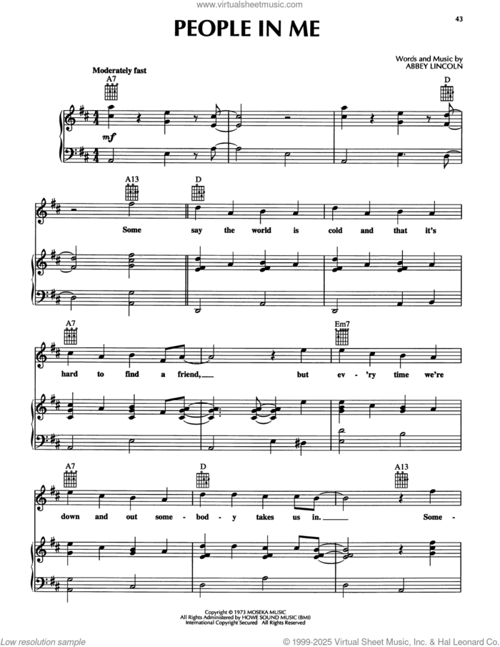 People In Me sheet music for voice, piano or guitar by Abbey Lincoln, intermediate skill level