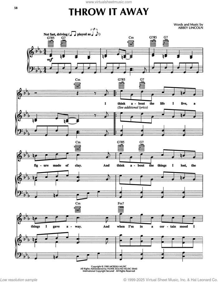 Throw It Away sheet music for voice, piano or guitar by Abbey Lincoln, intermediate skill level