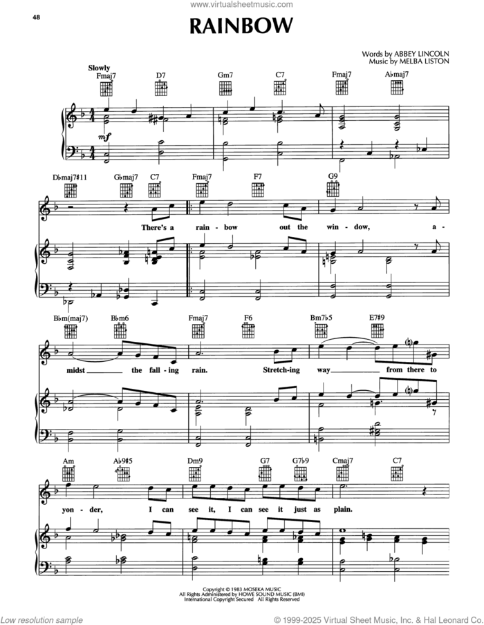 Rainbow sheet music for voice, piano or guitar by Abbey Lincoln and Melba Liston, intermediate skill level