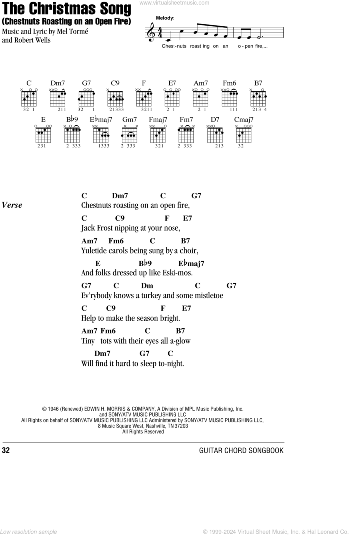 The Christmas Song (Chestnuts Roasting On An Open Fire) sheet music for guitar (chords) by Mel Torme and Robert Wells, intermediate skill level