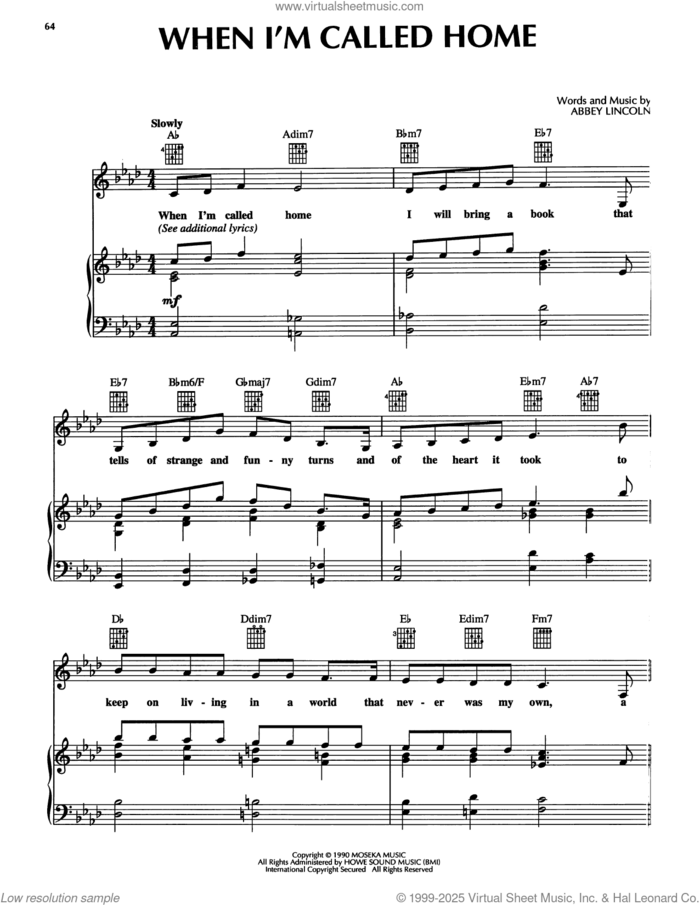 When I'm Called Home sheet music for voice, piano or guitar by Abbey Lincoln, intermediate skill level