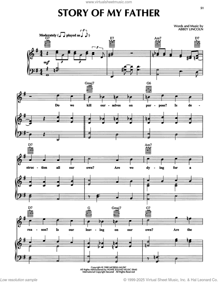 Story Of My Father sheet music for voice, piano or guitar by Abbey Lincoln, intermediate skill level