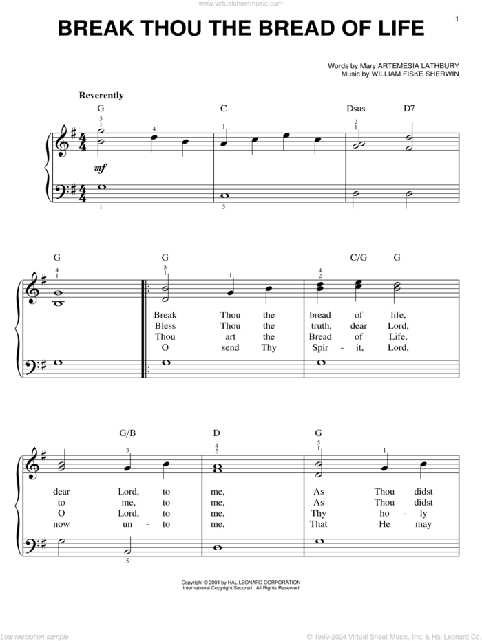 Break Thou The Bread Of Life sheet music for piano solo by Mary Artemesia Lathbury and William Sherwin, easy skill level