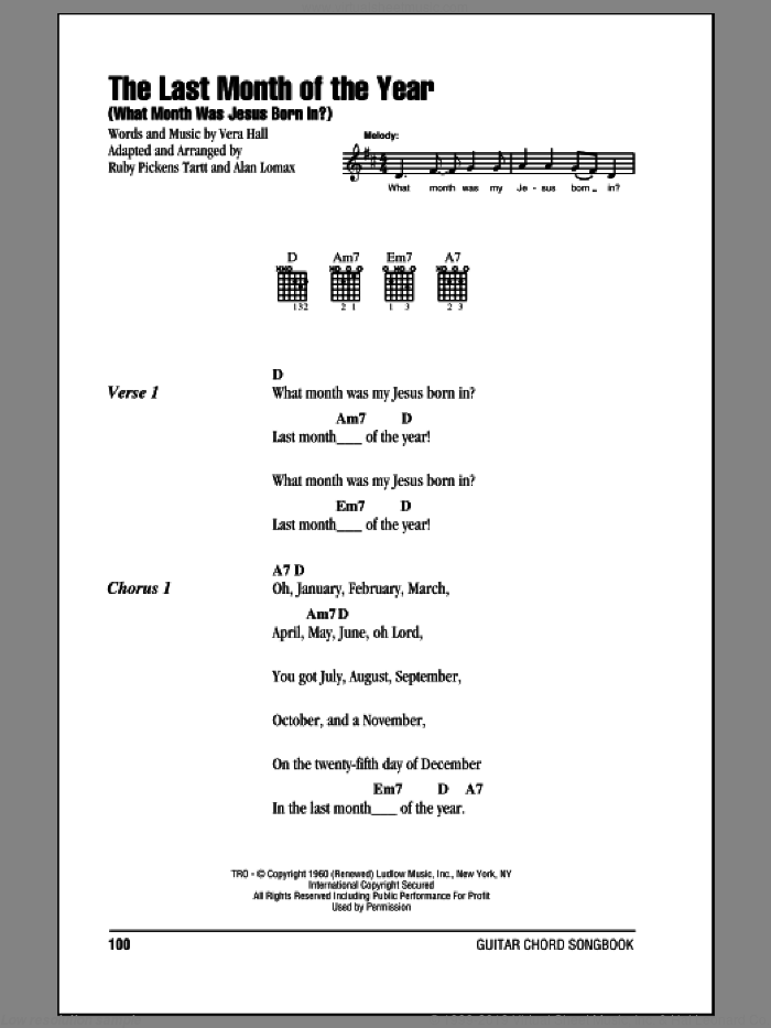 The Last Month Of The Year (What Month Was Jesus Born In?) sheet music for guitar (chords) by Vera Hall, John A. Lomax and Ruby Pickens Tartt, intermediate skill level