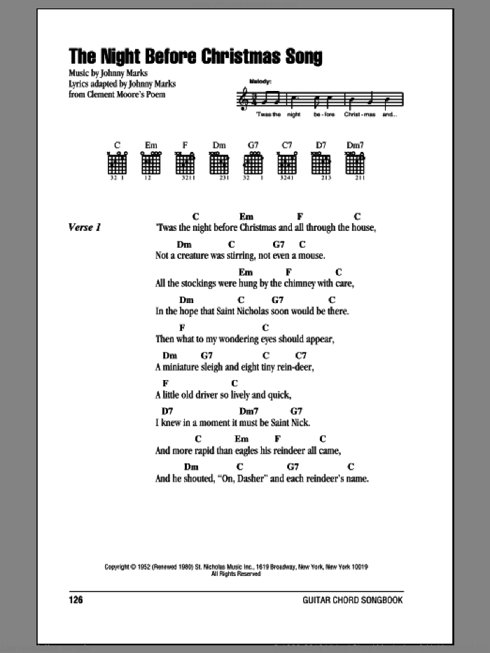 The Night Before Christmas Song sheet music for guitar (chords) by Johnny Marks and Johnny Marks from Clement Moor, intermediate skill level