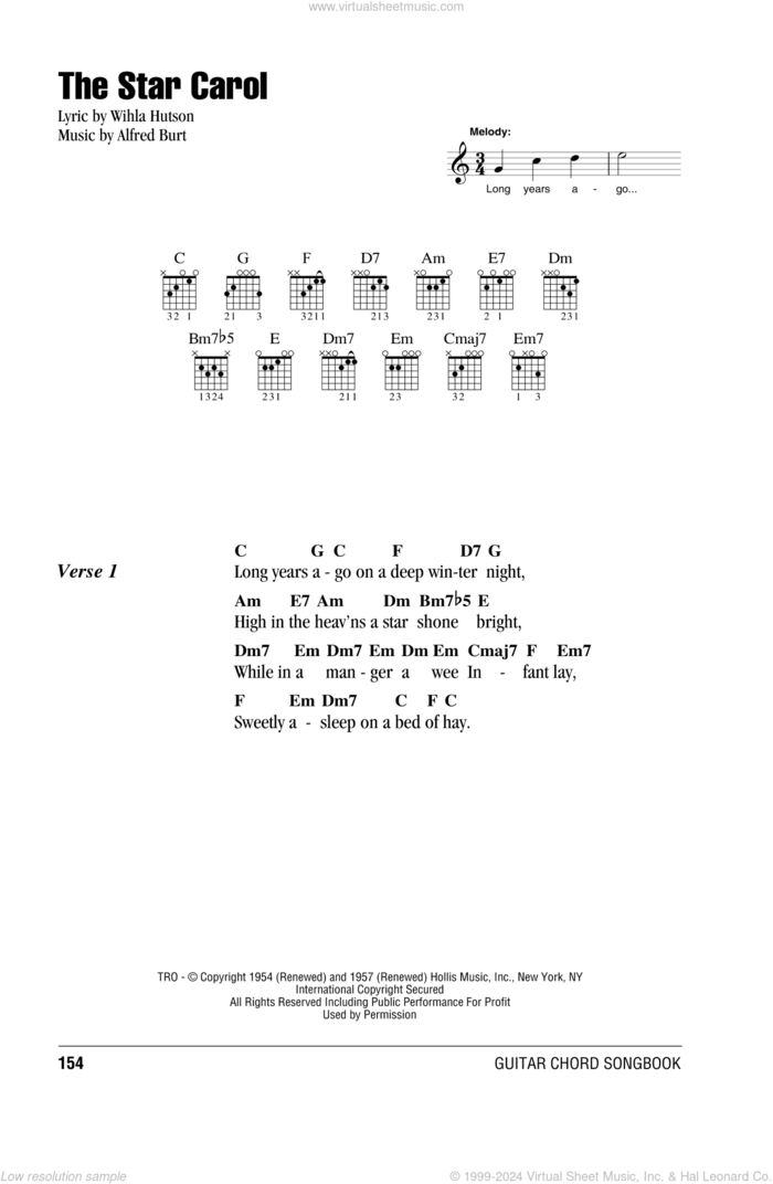 The Star Carol sheet music for guitar (chords) by Peggy Lee, Alfred Burt and Wihla Hutson, intermediate skill level