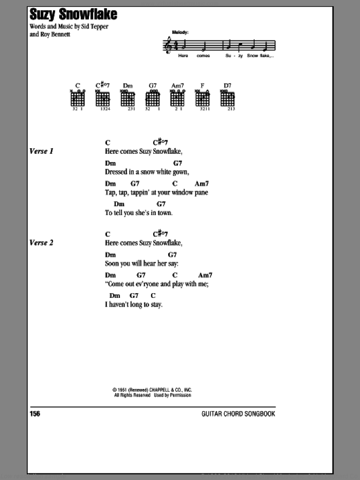 Suzy Snowflake sheet music for guitar (chords) by Rosemary Clooney, Roy Bennett and Sid Tepper, intermediate skill level
