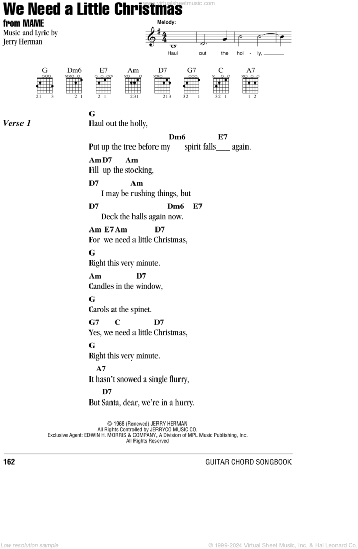 We Need A Little Christmas sheet music for guitar (chords) by Angela Lansbury, Mame (Musical) and Jerry Herman, intermediate skill level