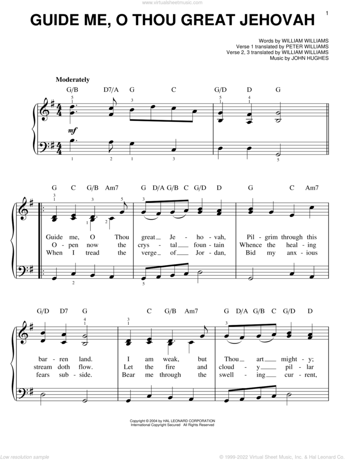 Guide Me, O Thou Great Jehovah sheet music for piano solo by William Williams, John Hughes and Peter Williams, easy skill level