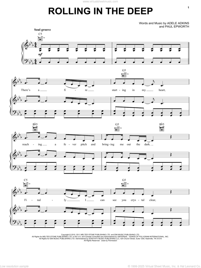 Rolling In The Deep sheet music for voice, piano or guitar by Adele, Adele Adkins and Paul Epworth, intermediate skill level