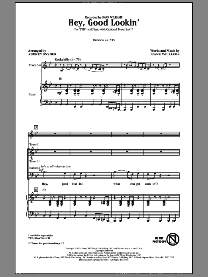 Hey, Good Lookin' sheet music for choir (TTB: tenor, bass) by Hank Williams and Audrey Snyder, intermediate skill level