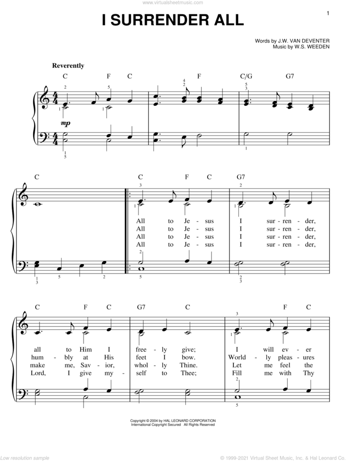 I Surrender All sheet music for piano solo by Judson W. Van De Venter and Winfield S. Weeden, easy skill level