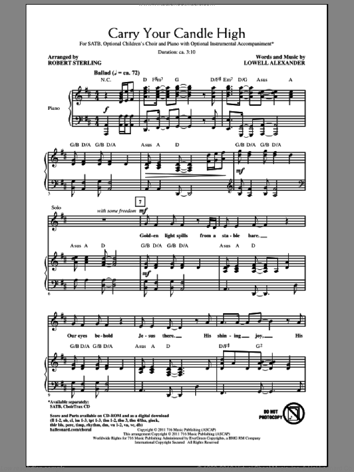 Carry Your Candle High sheet music for choir (SATB: soprano, alto, tenor, bass) by Lowell Alexander and Robert Sterling, intermediate skill level