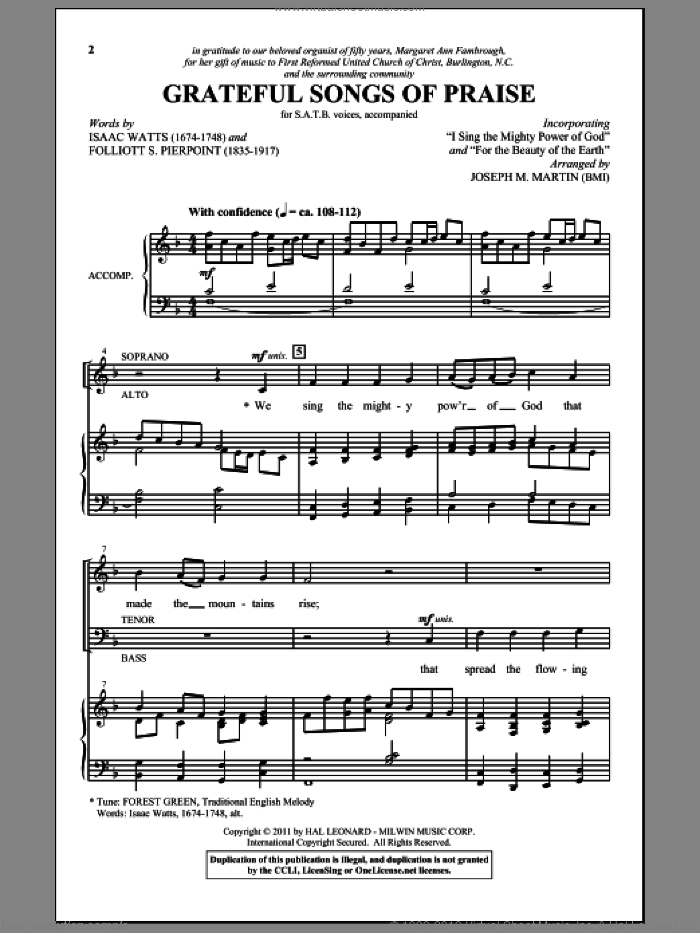 Grateful Songs Of Praise sheet music for choir (SATB: soprano, alto, tenor, bass) by Isaac Watts, Conrad Kocher, Folliot S. Pierpoint, Miscellaneous and Joseph M. Martin, intermediate skill level