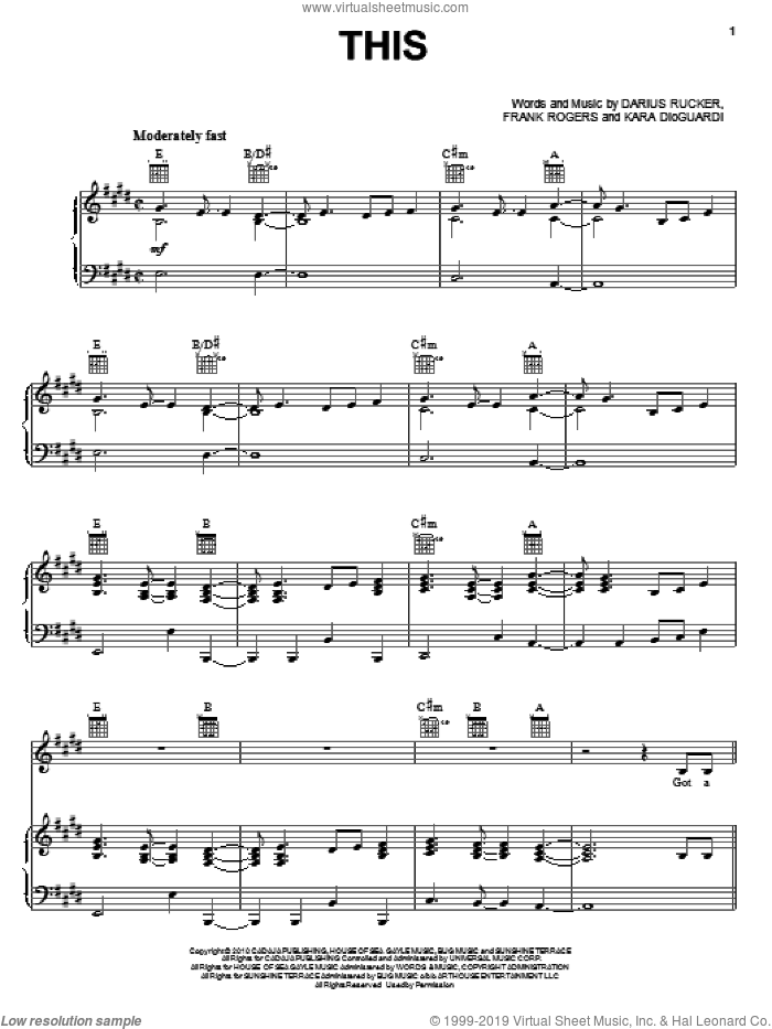 This sheet music for voice, piano or guitar by Darius Rucker, Frank Rogers and Kara DioGuardi, intermediate skill level