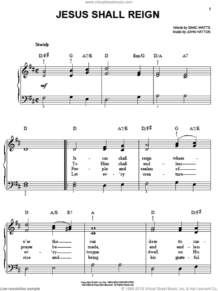 Jesus Shall Reign (Where'er The Sun) sheet music for piano solo by Isaac Watts and John Hatton, easy skill level