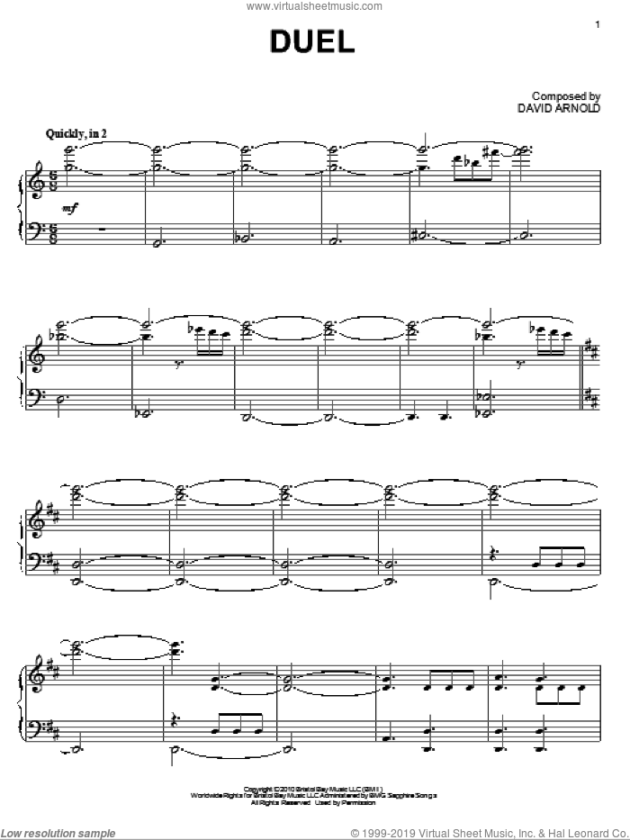 Duel sheet music for piano solo by David Arnold and The Chronicles Of Narnia: The Voyage Of The Dawn Treader (Movie), intermediate skill level