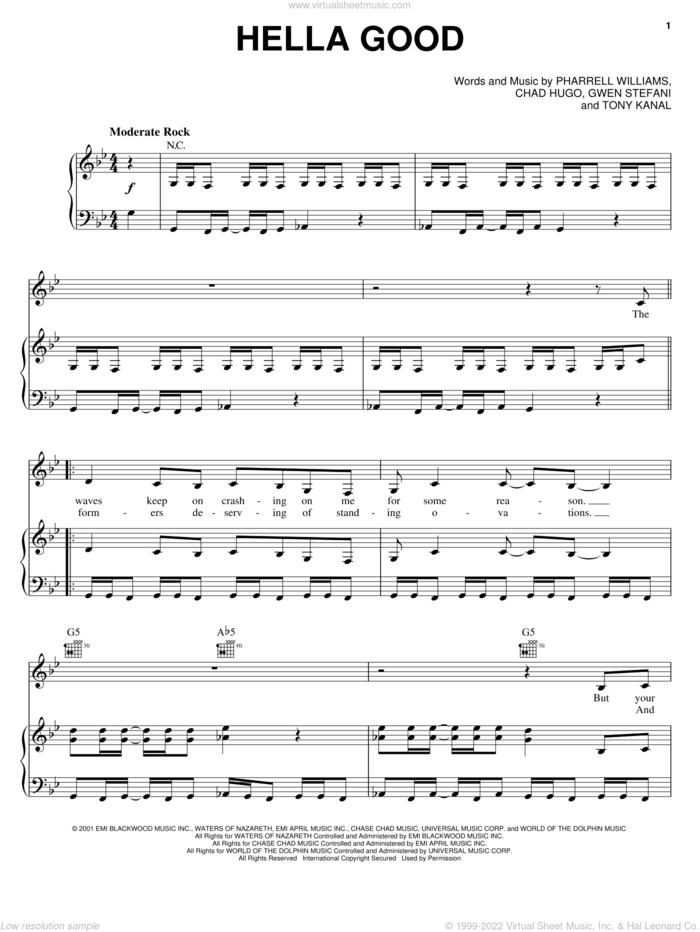 Hella Good sheet music for voice, piano or guitar by No Doubt, Chad Hugo, Gwen Stefani and Pharrell Williams, intermediate skill level