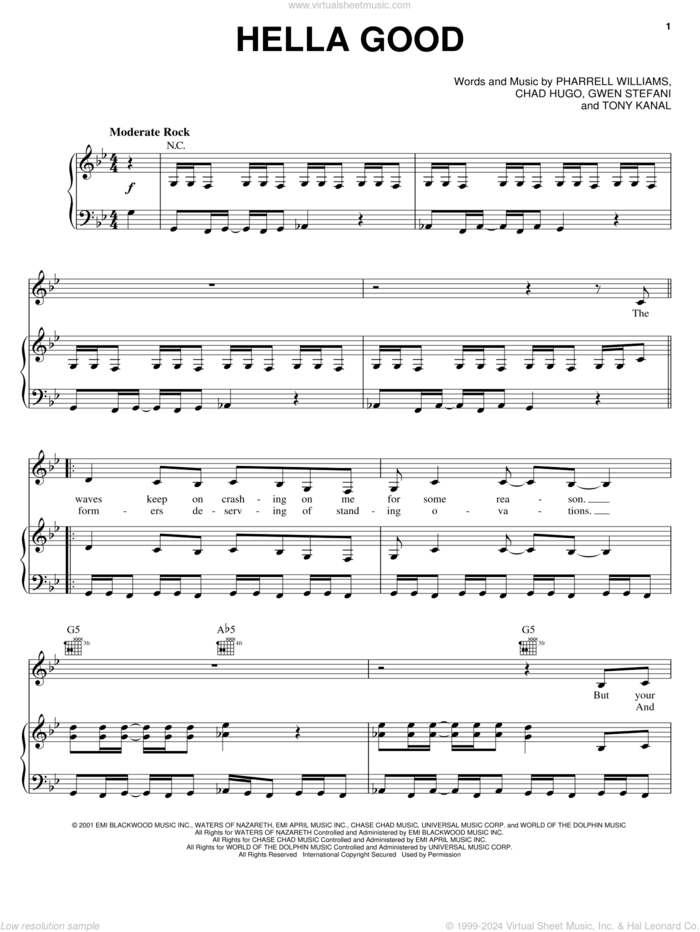 Hella Good sheet music for voice, piano or guitar by No Doubt, Chad Hugo, Gwen Stefani and Pharrell Williams, intermediate skill level