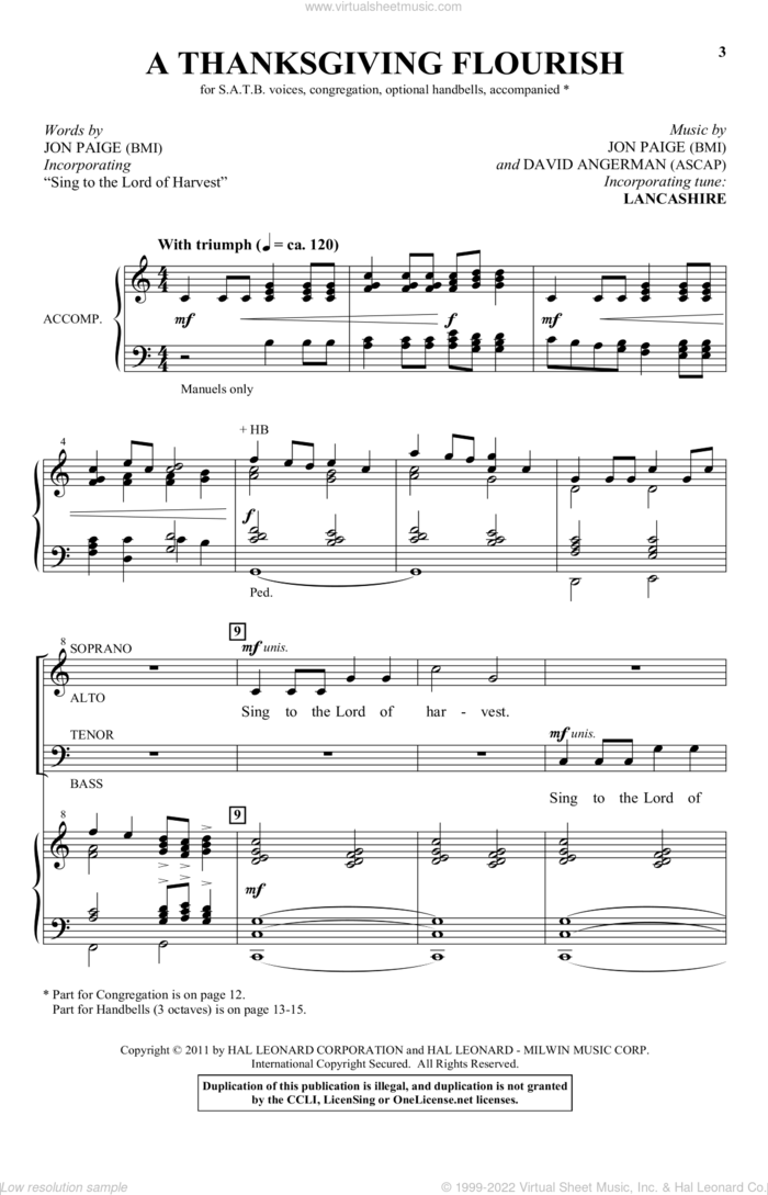 A Thanksgiving Flourish sheet music for choir (SATB: soprano, alto, tenor, bass) by David Angerman and Jon Paige, intermediate skill level