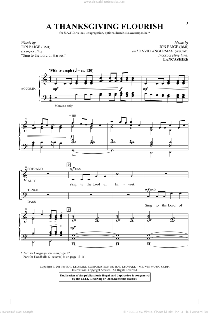 A Thanksgiving Flourish sheet music for choir (SATB: soprano, alto, tenor, bass) by David Angerman and Jon Paige, intermediate skill level