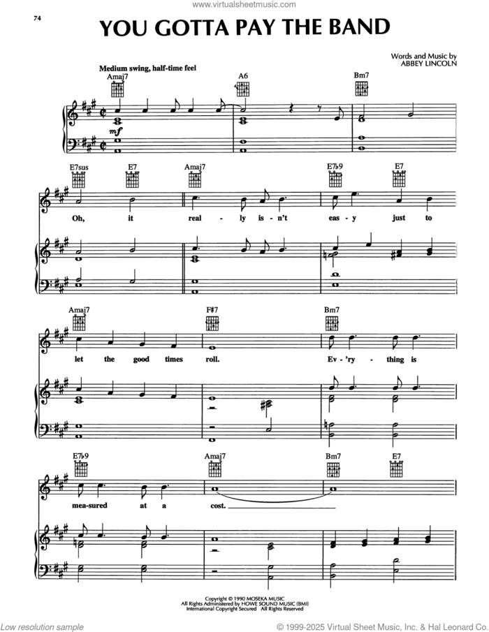 You Gotta Pay The Band sheet music for voice, piano or guitar by Abbey Lincoln, intermediate skill level