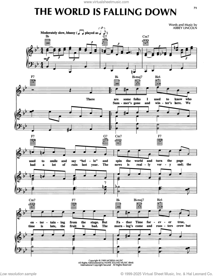 The World Is Falling Down sheet music for voice, piano or guitar by Abbey Lincoln, intermediate skill level