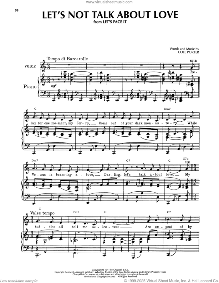 Let's Not Talk About Love (from Let's Face It) sheet music for voice, piano or guitar by Cole Porter, intermediate skill level