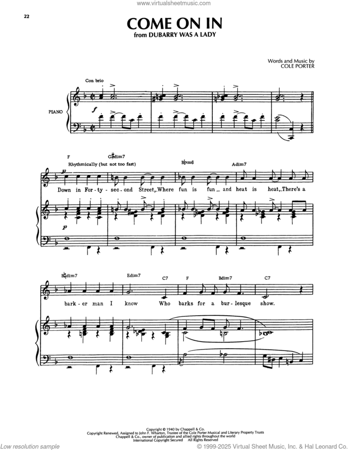 Come On In (from Kiss Me, Kate) sheet music for voice, piano or guitar by Cole Porter, intermediate skill level