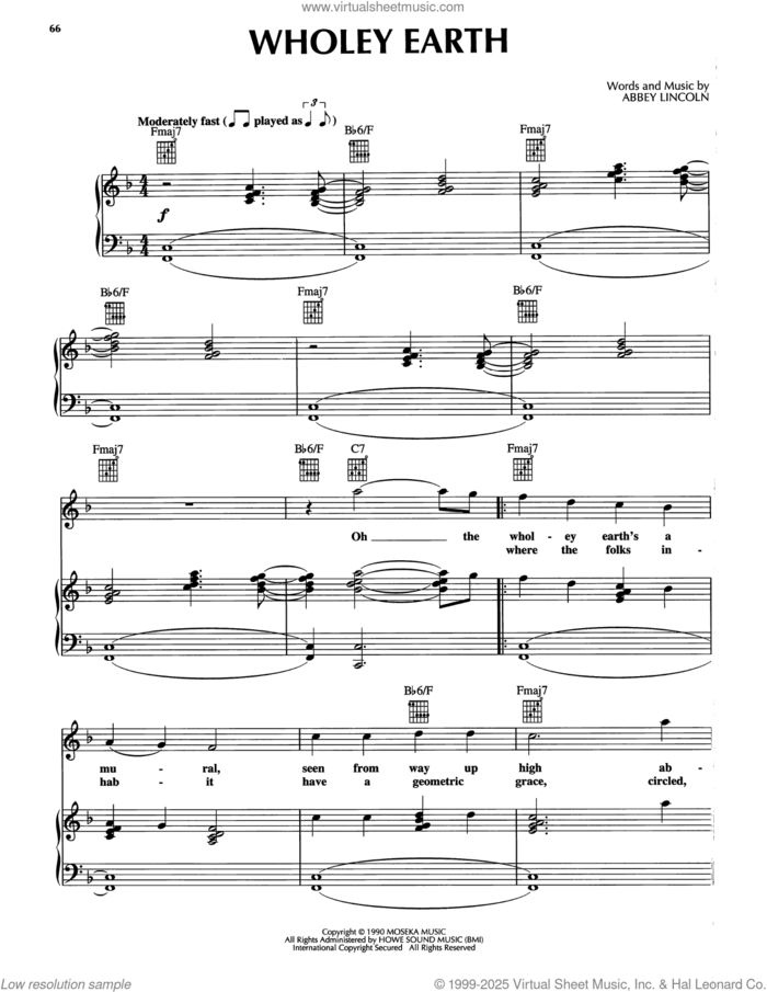Wholey Earth sheet music for voice, piano or guitar by Abbey Lincoln, intermediate skill level