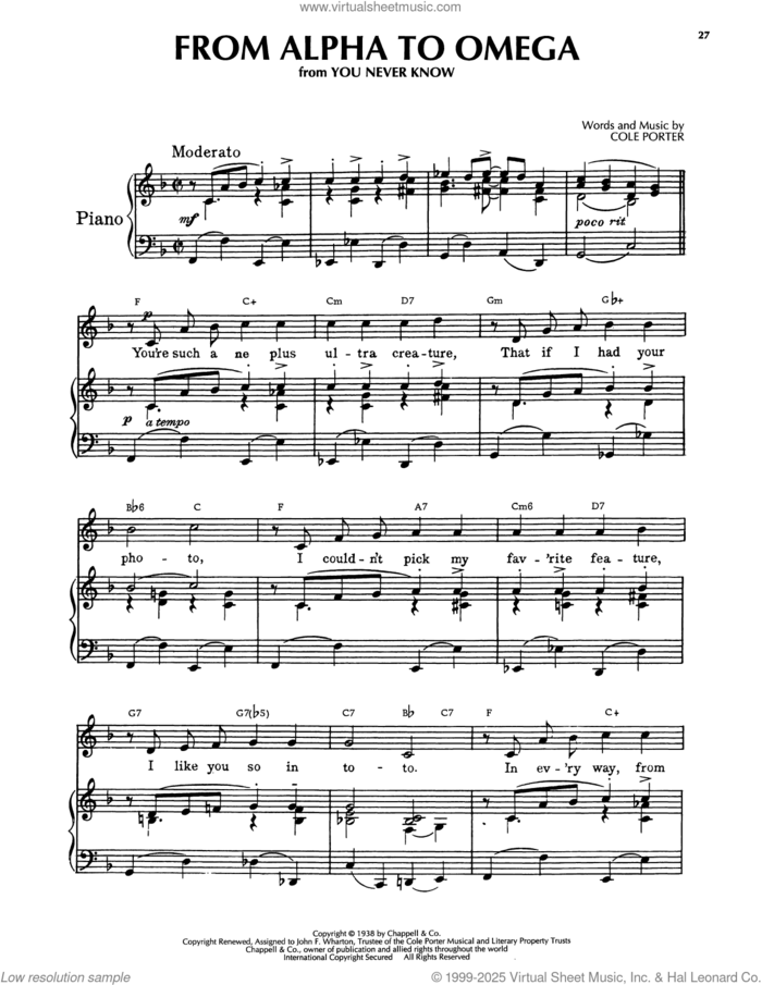 From Alpha To Omega (from At Long Last Love) sheet music for voice, piano or guitar by Cole Porter, intermediate skill level