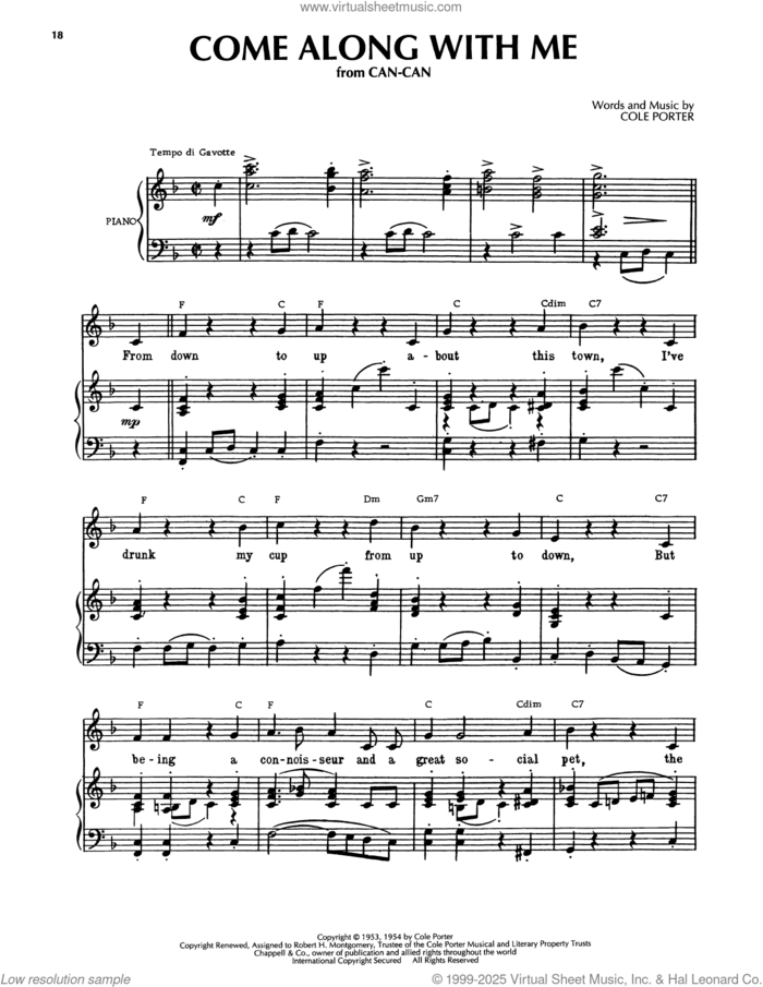Come Along With Me (from Can-Can) sheet music for voice, piano or guitar by Cole Porter, intermediate skill level