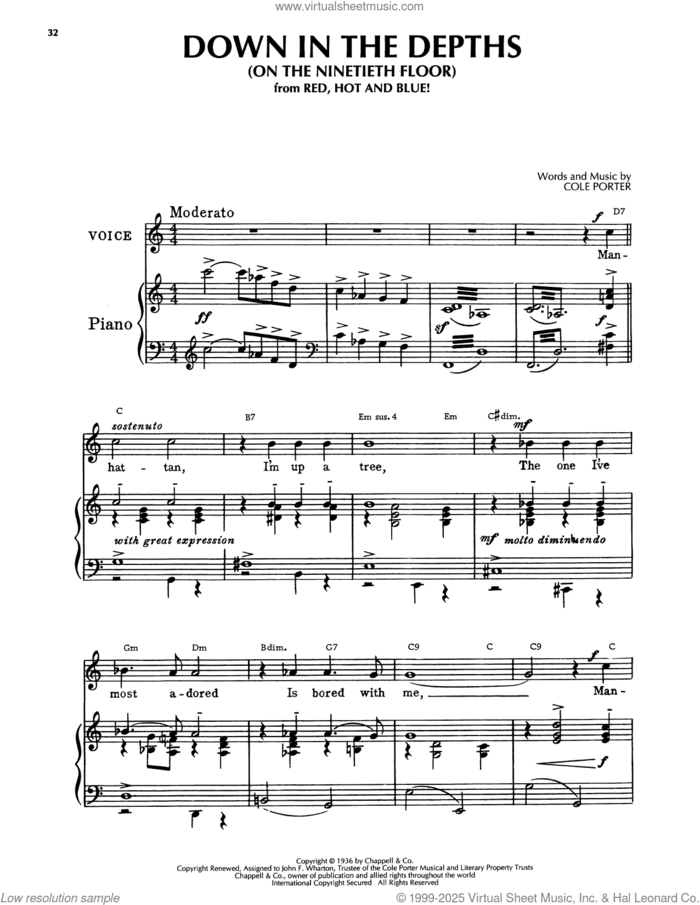 Down In The Depths (On The Ninetieth Floor) (from Red, Hot And Blue) sheet music for voice, piano or guitar by Cole Porter, intermediate skill level