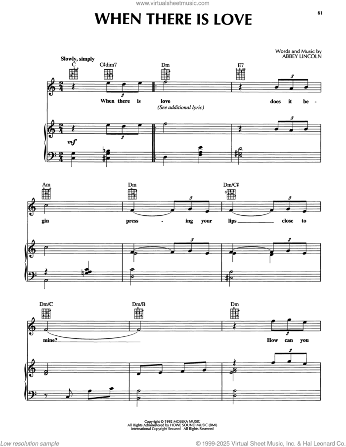 When There Is Love sheet music for voice, piano or guitar by Abbey Lincoln, intermediate skill level