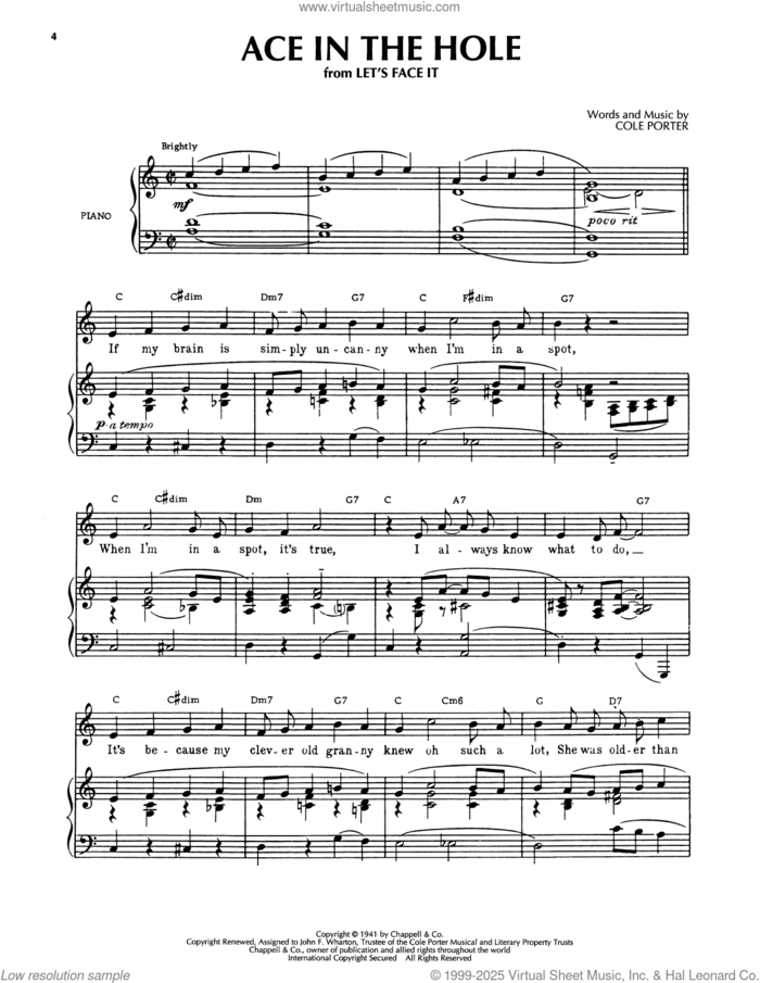 Ace In The Hole (from Let's Face It) sheet music for voice, piano or guitar by Cole Porter, intermediate skill level