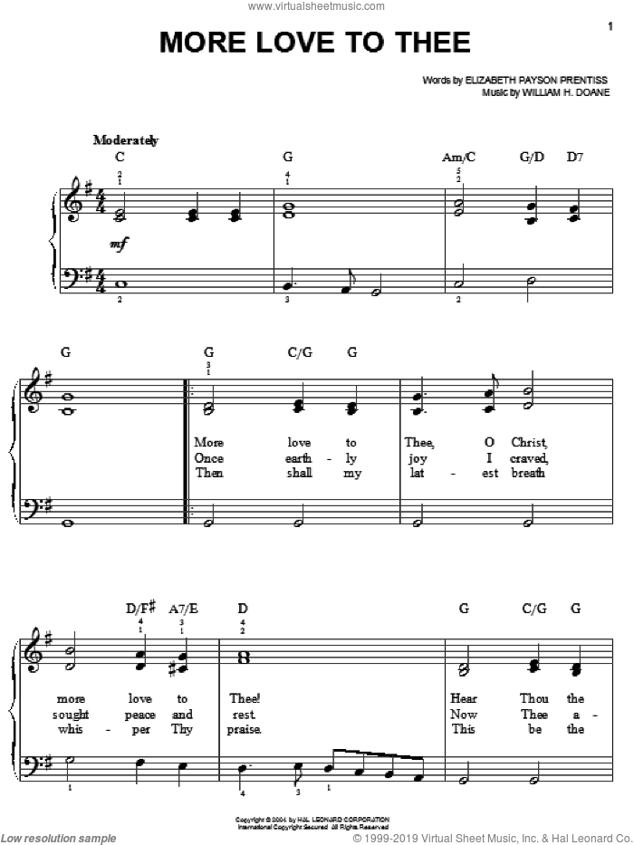 More Love To Thee (O Christ) sheet music for piano solo by Elizabeth Payson Prentiss and William H. Doane, easy skill level