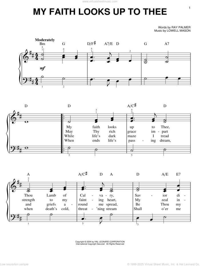My Faith Looks Up To Thee, (easy) sheet music for piano solo by Lowell Mason and Ray Palmer, easy skill level