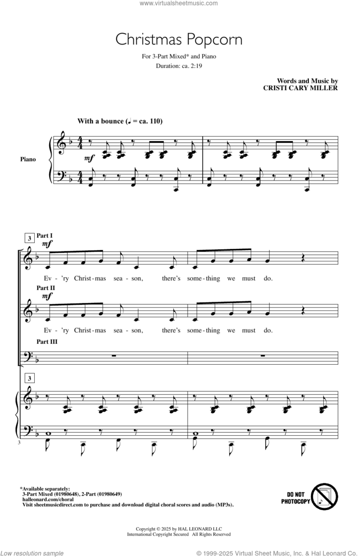 Christmas Popcorn sheet music for choir (3-Part Mixed) by Cristi Cary Miller, intermediate skill level