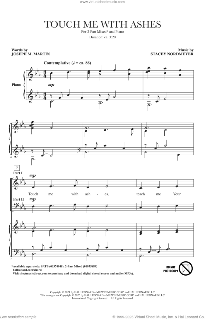 Touch Me With Ashes sheet music for choir (2-Part Mixed) by Joseph M. Martin, Stacey Nordmeyer and Stacey Nordmeyer and Joseph M. Martin, intermediate skill level
