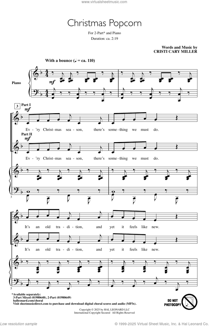 Christmas Popcorn sheet music for choir (2-Part) by Cristi Cary Miller, intermediate duet