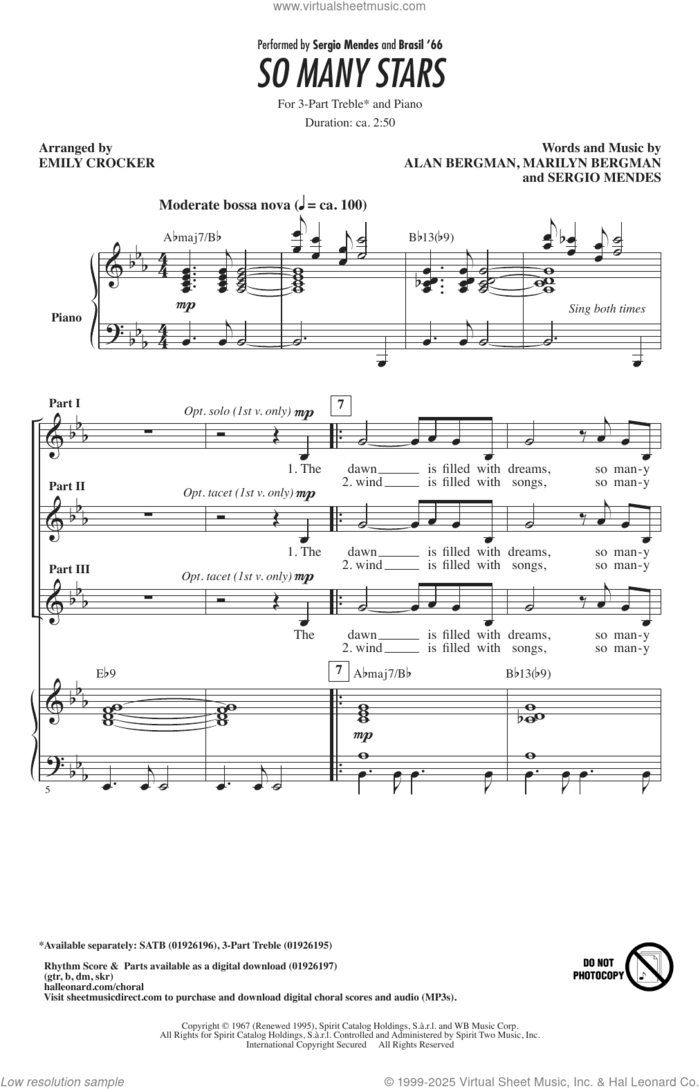 So Many Stars (arr. Emily Crocker) sheet music for choir (3-Part Treble) by Sergio Mendes & Brasil '66, Emily Crocker, Alan Bergman and Marilyn Bergman, intermediate skill level